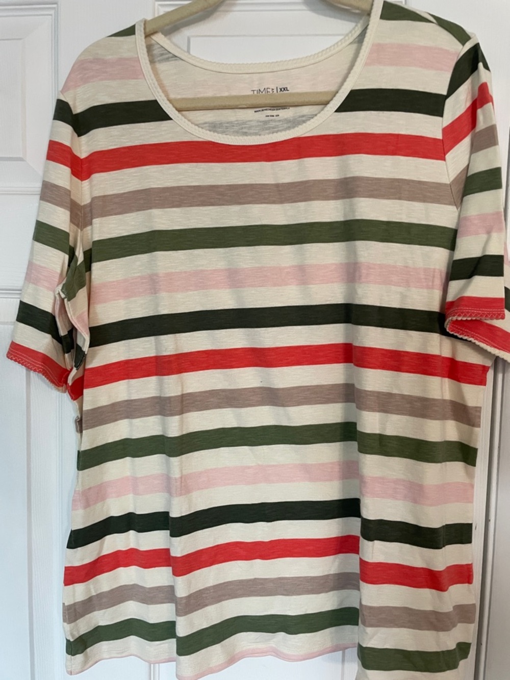 Time and Tru Striped Short-Sleeve Tee in Cream, Green, Coral & Pink